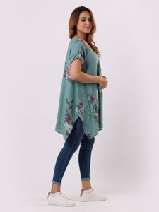 'Bella' Ocean Blue Floral 100% Linen Tunic Top