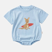 Load image into Gallery viewer, A light blue short-sleeve baby bodysuit featuring a cartoon kangaroo holding a red surfboard on the front, displayed against a light gray background.