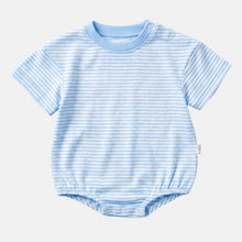 Load image into Gallery viewer, A baby short-sleeve bodysuit with light blue and white horizontal stripes, featuring a solid light blue crew neck and snap closures at the crotch, photographed flat on a light gray background.