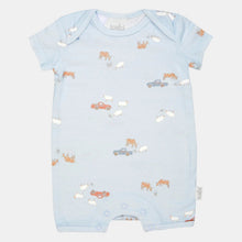 Load image into Gallery viewer, A light blue baby romper with a playful print of small cars, cows, sheep, and clouds, laid flat against a light gray background.