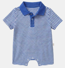 Load image into Gallery viewer, A baby short-sleeve romper with a blue and white striped pattern, featuring a solid blue collar and three-button placket, shown on a light gray background.