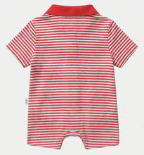 Load image into Gallery viewer, A baby short-sleeve romper shown from the back, featuring horizontal red and white stripes with a solid red collar, photographed against a light gray background.