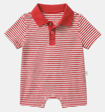 Load image into Gallery viewer, A baby short-sleeve polo romper with red and white horizontal stripes, featuring a solid red collar and three-button placket, shown flat on a light gray background.