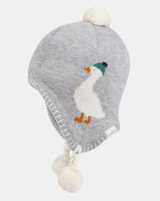 Load image into Gallery viewer, Gray knit baby hat with embroidered duck design and pom-poms on a white background