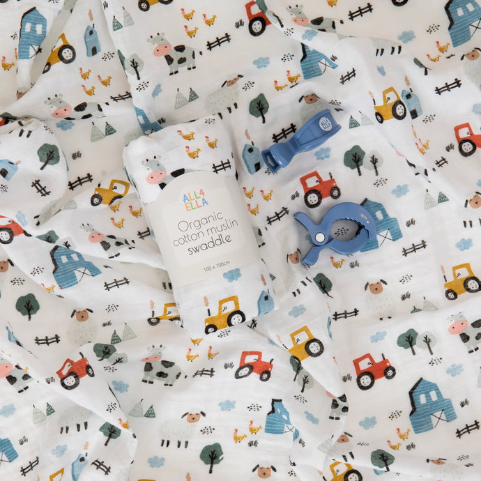 Barnyard Muslin Swaddle & 2 Pram Peg Gift Set