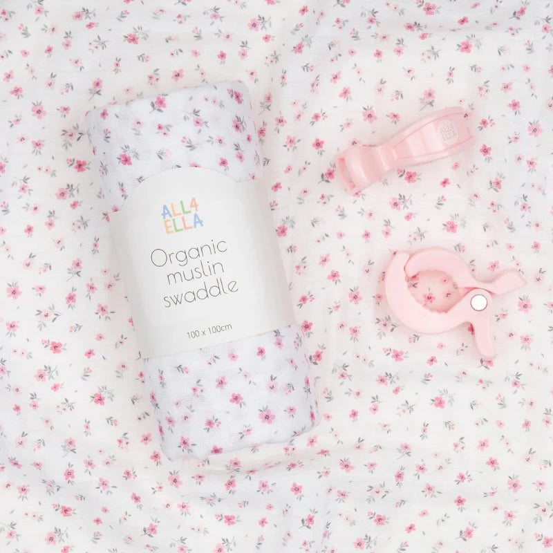 Pink Petals Muslin Swaddle & 2 Pram Peg Gift Set