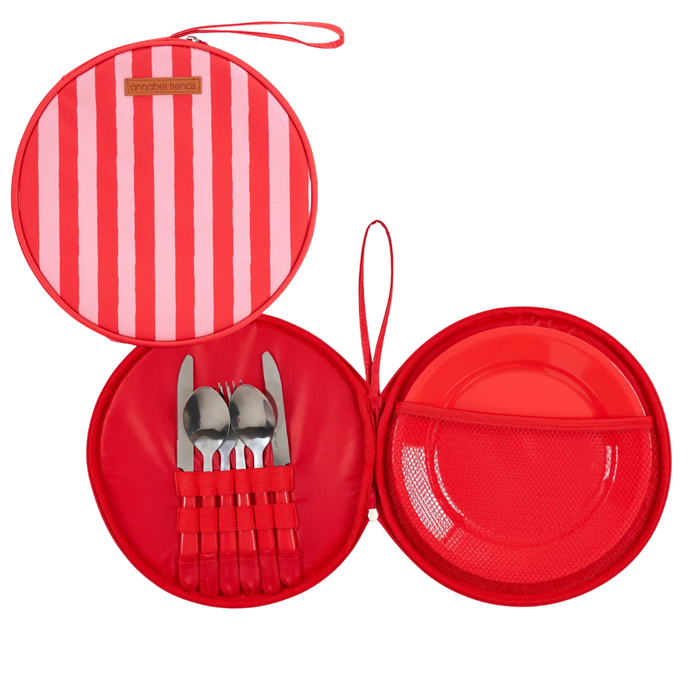 Red Stripe Picnic Round Plate & Cutlery Set