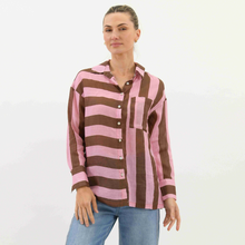 Load image into Gallery viewer, Pink/Chocolate Faye Linen Stripe Shirt