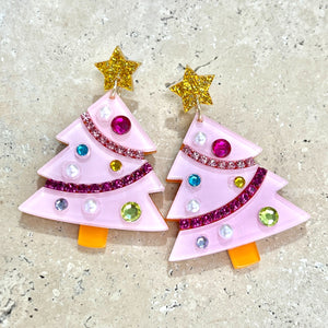 Pink Christmas Tree Earrings