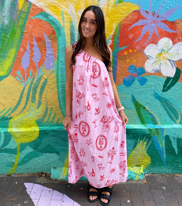Pink Santa Print One Shouldered Maxi Dress - By Frankie