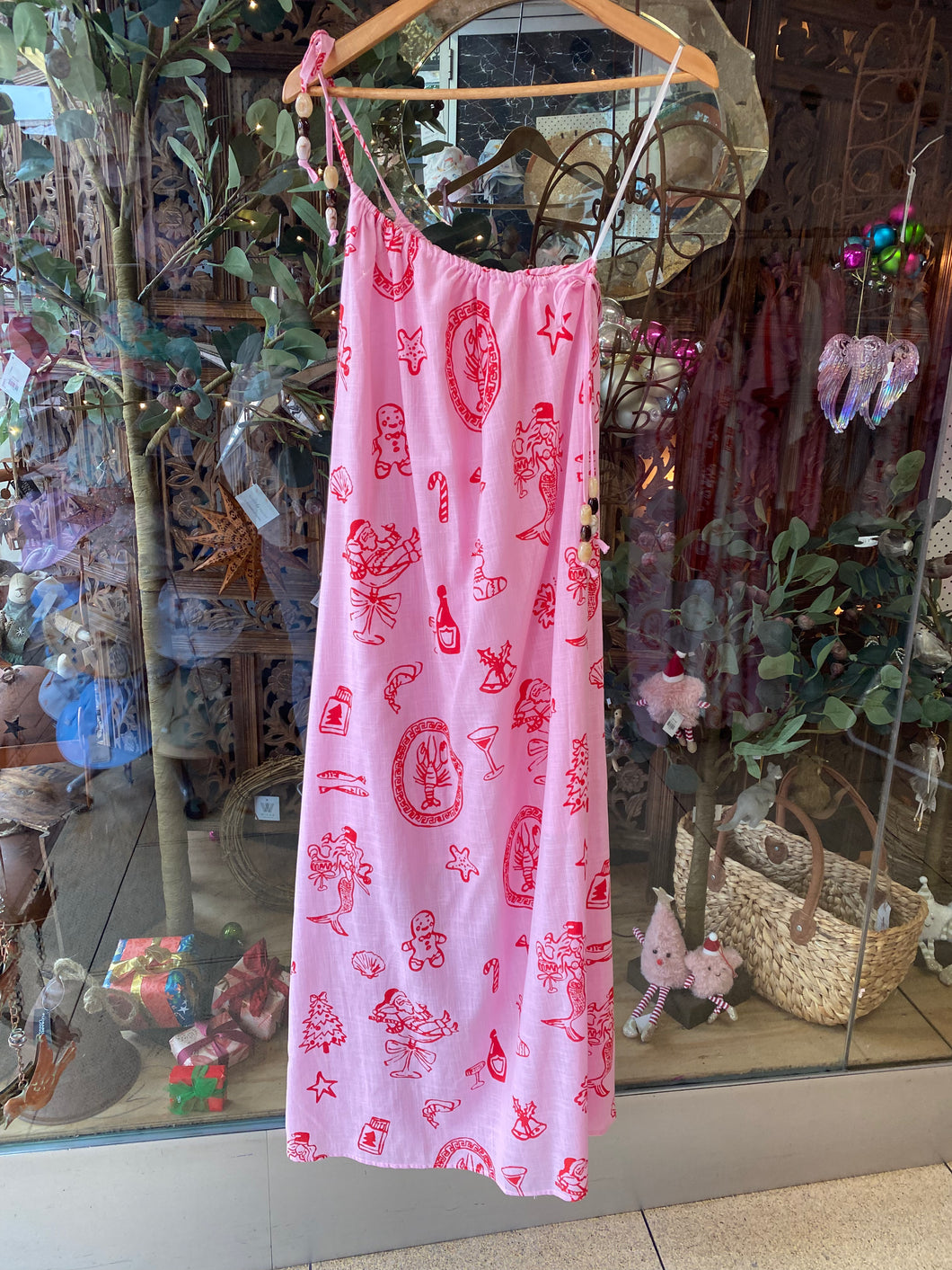 Pink Santa Print One Shouldered Maxi Dress - By Frankie