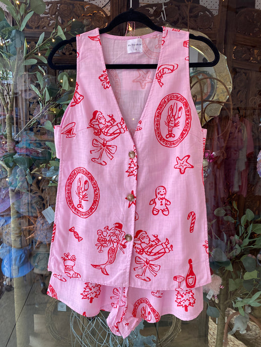 Pink Sleeveless Side Panel Top & Short Set With Santa Print - By Frankie