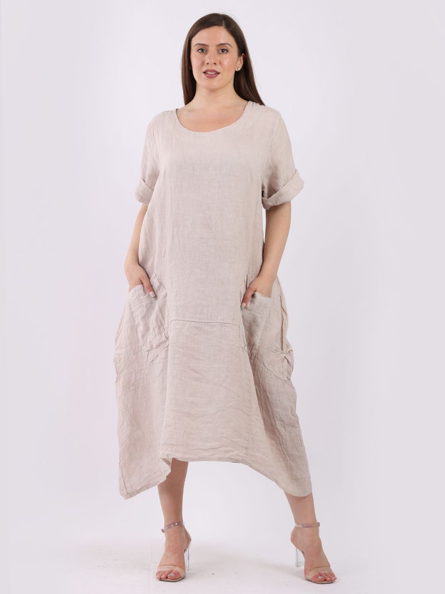 'Martha' Beige 100% Linen Slouchy Dress with Front Pockets