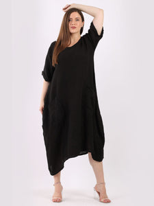 'Martha' Black 100% Linen Slouchy Dress with Front Pockets