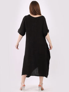 'Martha' Black 100% Linen Slouchy Dress with Front Pockets