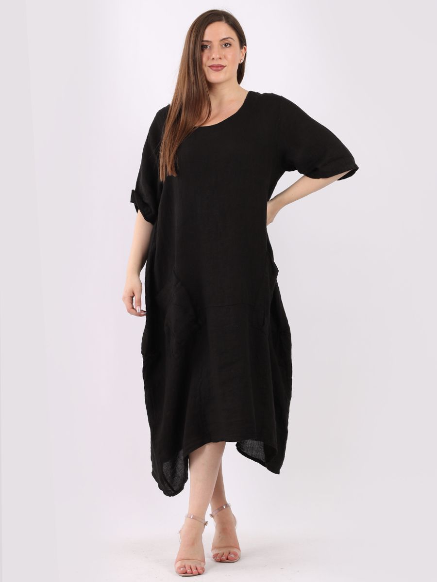 'Martha' Black 100% Linen Slouchy Dress with Front Pockets