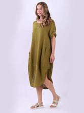 Load image into Gallery viewer, Olive Plain 100% Linen Dress with Pockets