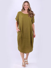 Load image into Gallery viewer, Olive Plain 100% Linen Dress with Pockets