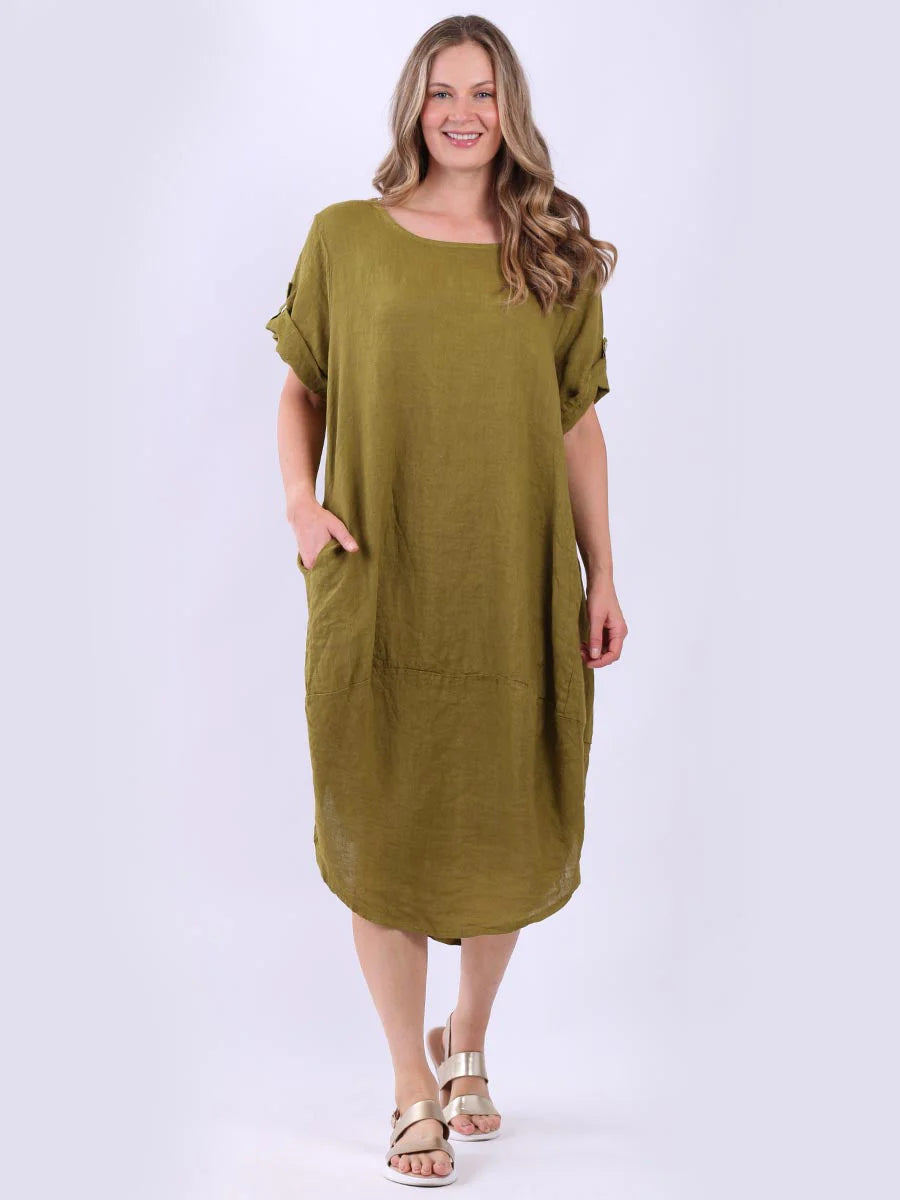 Olive Plain 100% Linen Dress with Pockets