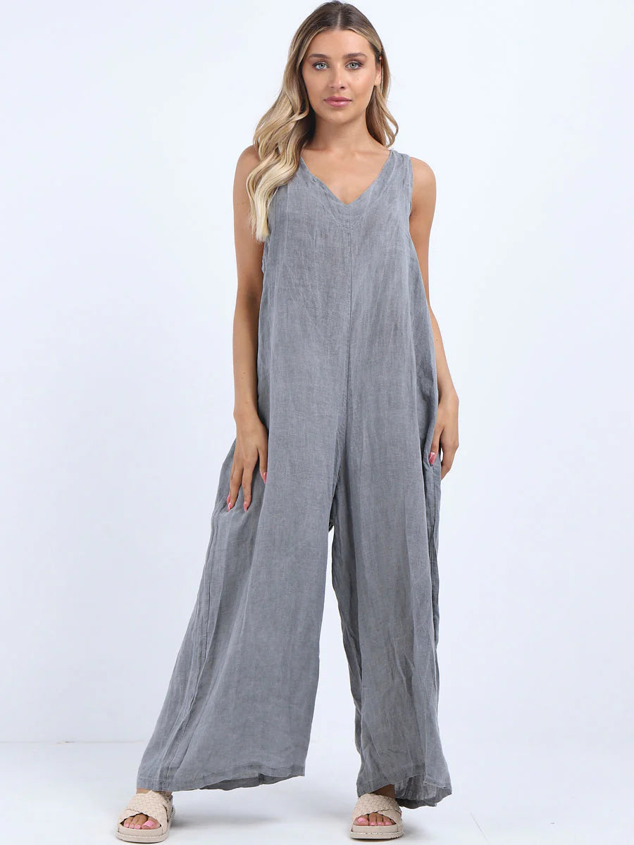 Dark Grey Wide Leg 100% Linen Jumpsuit