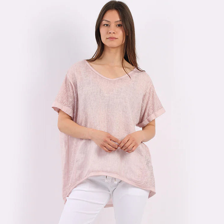 Pink V-Neck Relaxed Fit 100% Linen Top