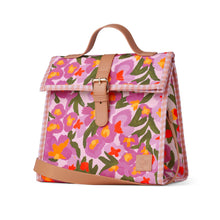 Load image into Gallery viewer, Floral-patterned lunch bag with brown straps on a white background