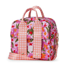 Load image into Gallery viewer, Floral-patterned bag with pink checkered straps on a white background