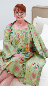 Olive Green Protea Print Kimono Robe