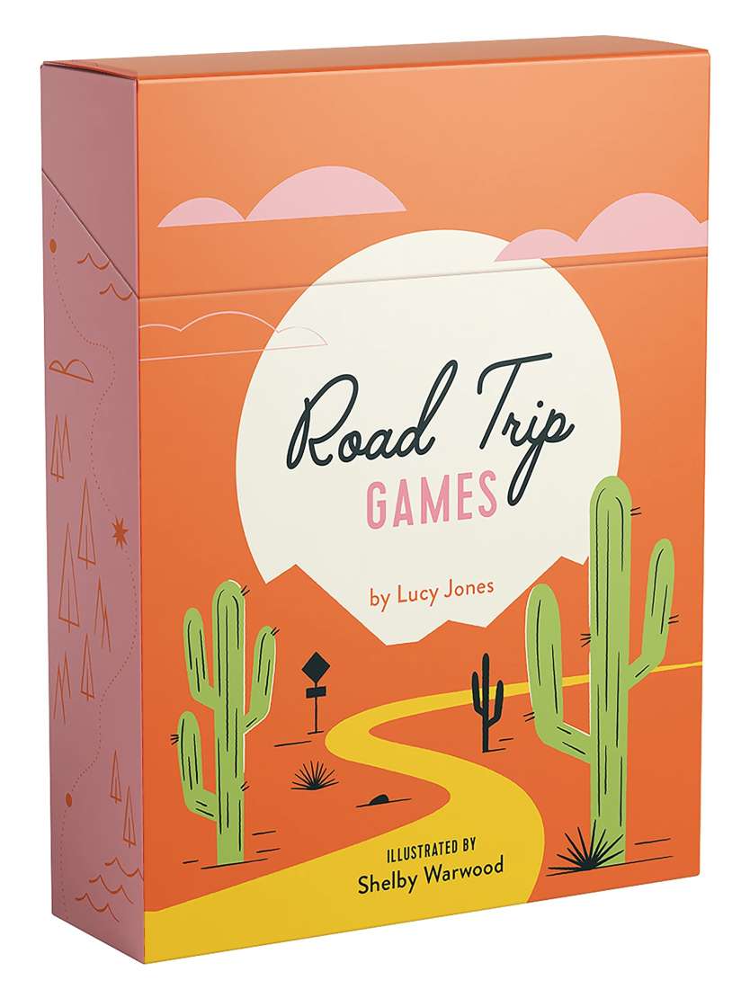 Box of 'Road Trip Games' by Lucy Jones with desert-themed design.