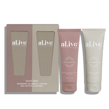 Load image into Gallery viewer, Raspberry Blossom &amp; Juniper + Sea Cotton &amp; Coconut Hand Duet - al.ive body