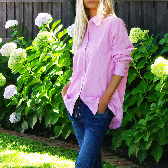 Riley Shirt in Pink and White Small Check - Who's Charlie