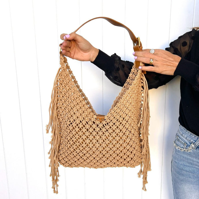 Tan Rio Moda Woven Fringe Bag