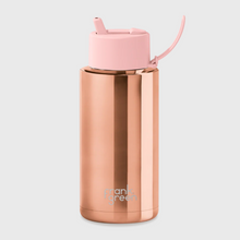 Load image into Gallery viewer, Rose gold water bottle with pink lid on a light gray background
