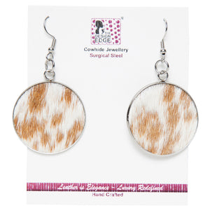 Tan & White Cowhide Round Drop Earrings