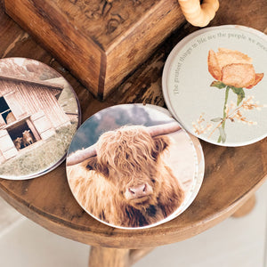 Highland Cow Rustic Meadow Ceramic Coaster