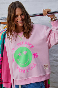 Pink Happy Smily Washed Sweat - Hammill & Co