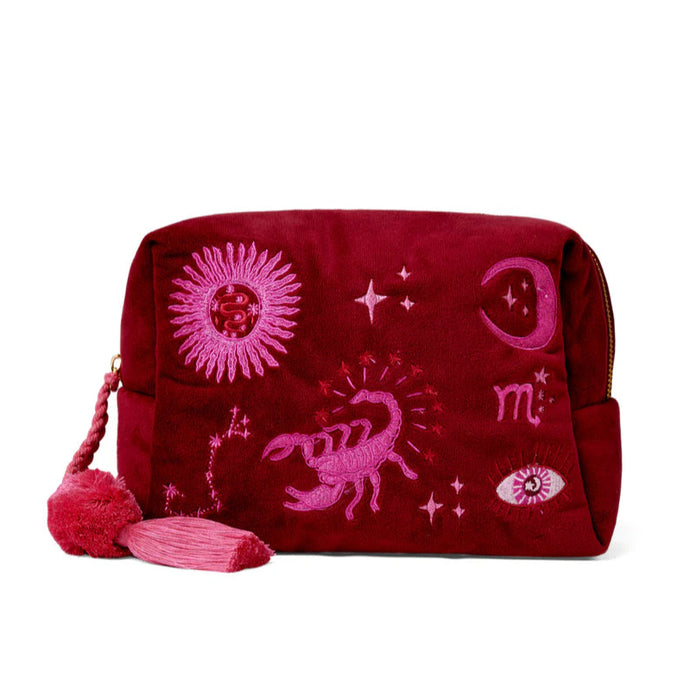 Red pouch with pink celestial designs on a white background