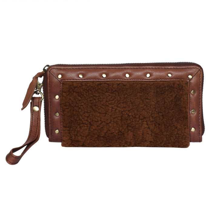 Brown Sheep Fur & Brown Leather Clutch Wallet