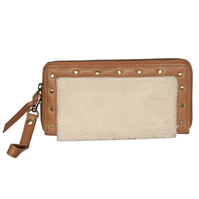 Natural Sheep Fur & Tan Leather Clutch Wallet