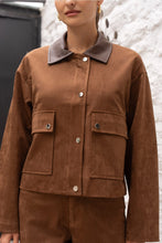 Load image into Gallery viewer, Camel Short Suede Jacket with Faux Leather Collar