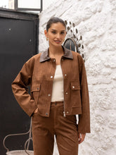 Load image into Gallery viewer, Camel Short Suede Jacket with Faux Leather Collar