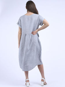 'Anna' Silver 100% Linen Dress with Pockets