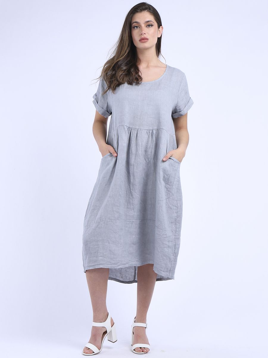 'Anna' Silver 100% Linen Dress with Pockets