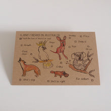 Load image into Gallery viewer, Card with illustrations of Australian animals and slang terms on a white background