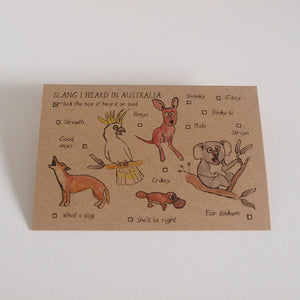 Card with illustrations of Australian animals and slang terms on a white background
