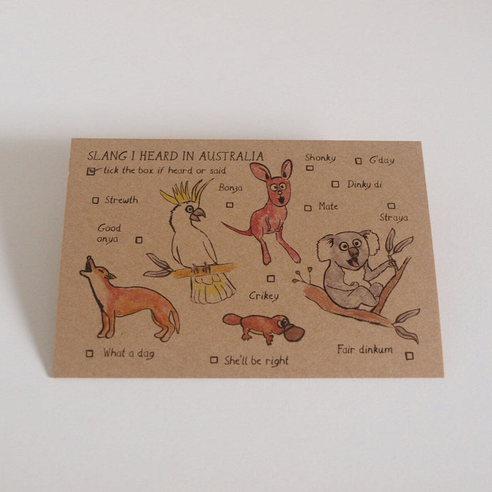 Card with illustrations of Australian animals and slang terms on a white background