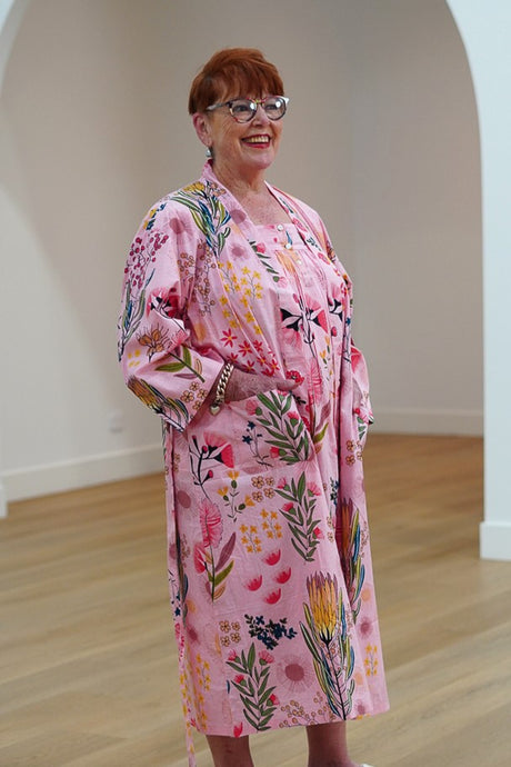 Soft Pink Protea Print Kimono Robe