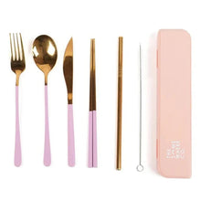 Load image into Gallery viewer, Set of gold cutlery with lilac handle and a pink case on a white background