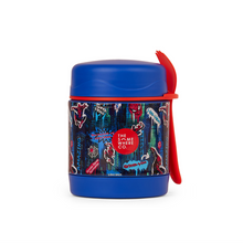 Load image into Gallery viewer, Blue thermos with colorful spider-man design and red fork on a white background