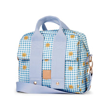 Load image into Gallery viewer, Blue and white checkered bag with sun patterns on a white background